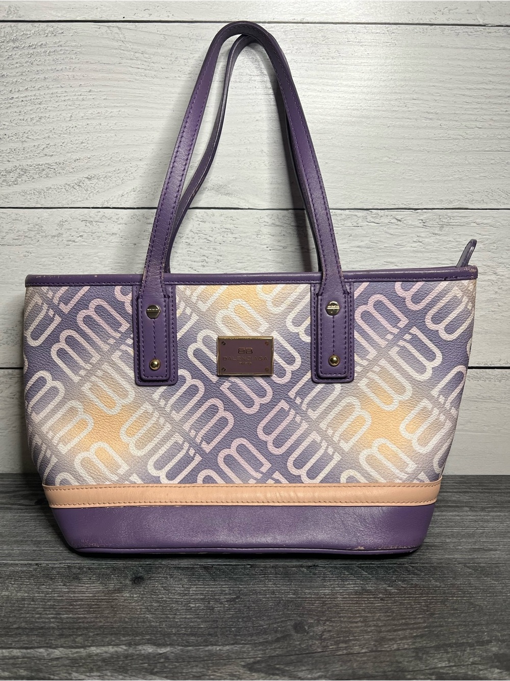 Balenciaga Purple & Yellow Monogram Coated Canvas Tote